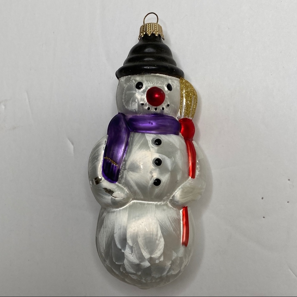 KC Glass Christmas Ornament Made in Germany Painted Snowman Snow Flocked White 6